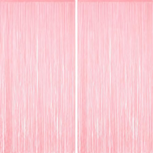 Pastel Pink Foil Fringe Curtains, 2Pack Metallic Tinsel Streamers for Party