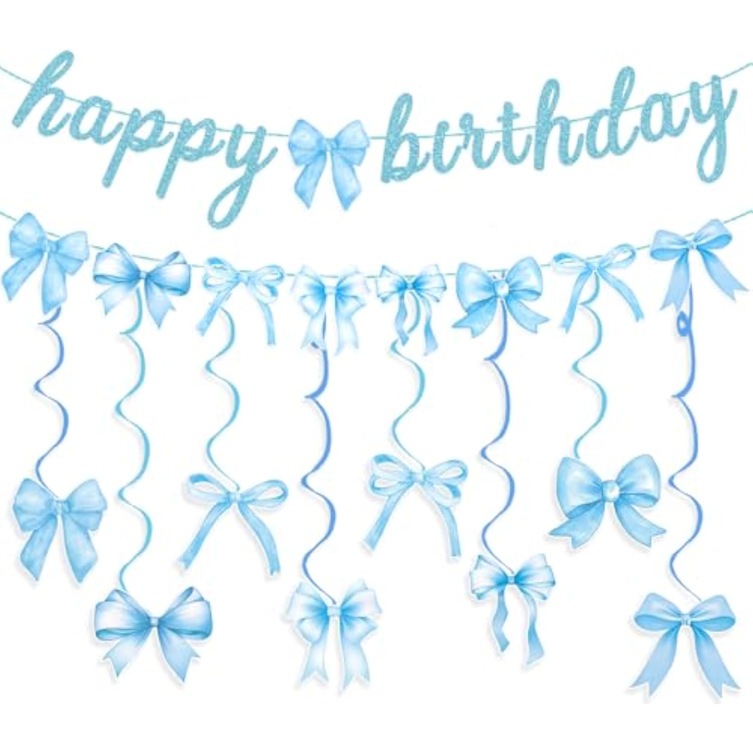 Blue Bow Birthday Banner Garland With Hanging Swirls For Baby Blue Bow Party Decor Coquette Birthday Decorations