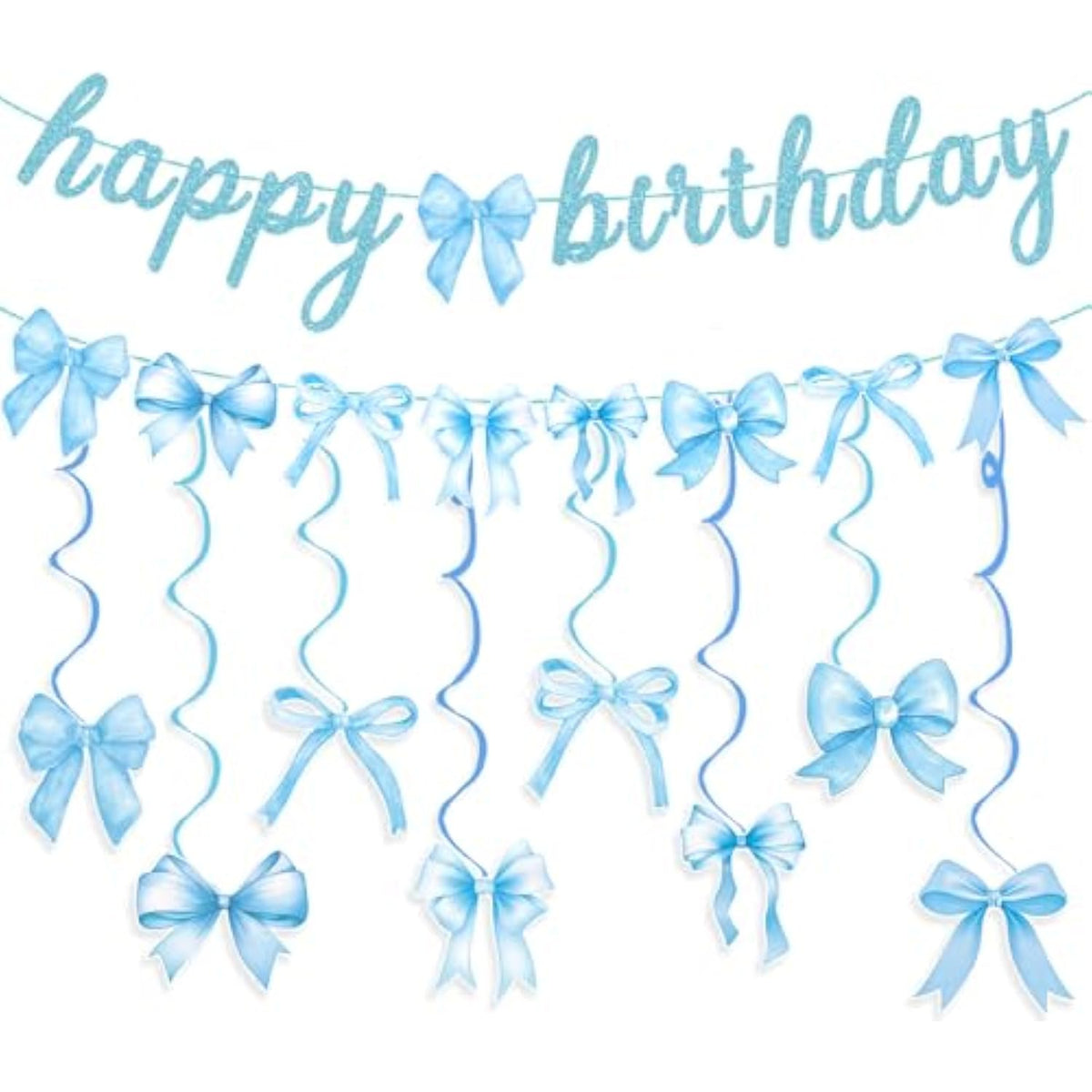 Blue Bow Birthday Banner Garland With Hanging Swirls For Baby Blue Bow Party Decor Coquette Birthday Decorations