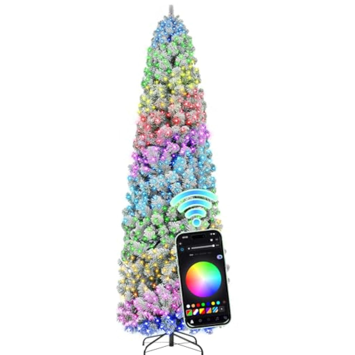 7.5 Ft Flocked Prelit Christmas Tree With 348 Led Lights, App Control, Skinny Artificial Pencil Christmas Tree, Multi-Color Rgbw Lights, 960 Branch Tips, For Small Space, Home, Party