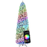 7.5 Ft Flocked Prelit Christmas Tree With 348 Led Lights, App Control, Skinny Artificial Pencil Christmas Tree, Multi-Color Rgbw Lights, 960 Branch Tips, For Small Space, Home, Party