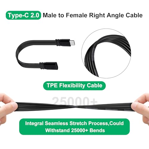 Flat Short USB C Extension Cable 480 Mbps 90 Degree Right Angle USB C Male to Female Extension Cable Data Transmission and Fast Charging for Flash