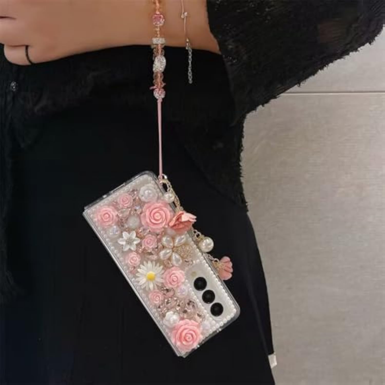 Luxury Crystal Rhinestone Flowers Glitter Diamond Pearl Cover Case for Samsung Galaxy Z Fold 7 5G with Flower Strap