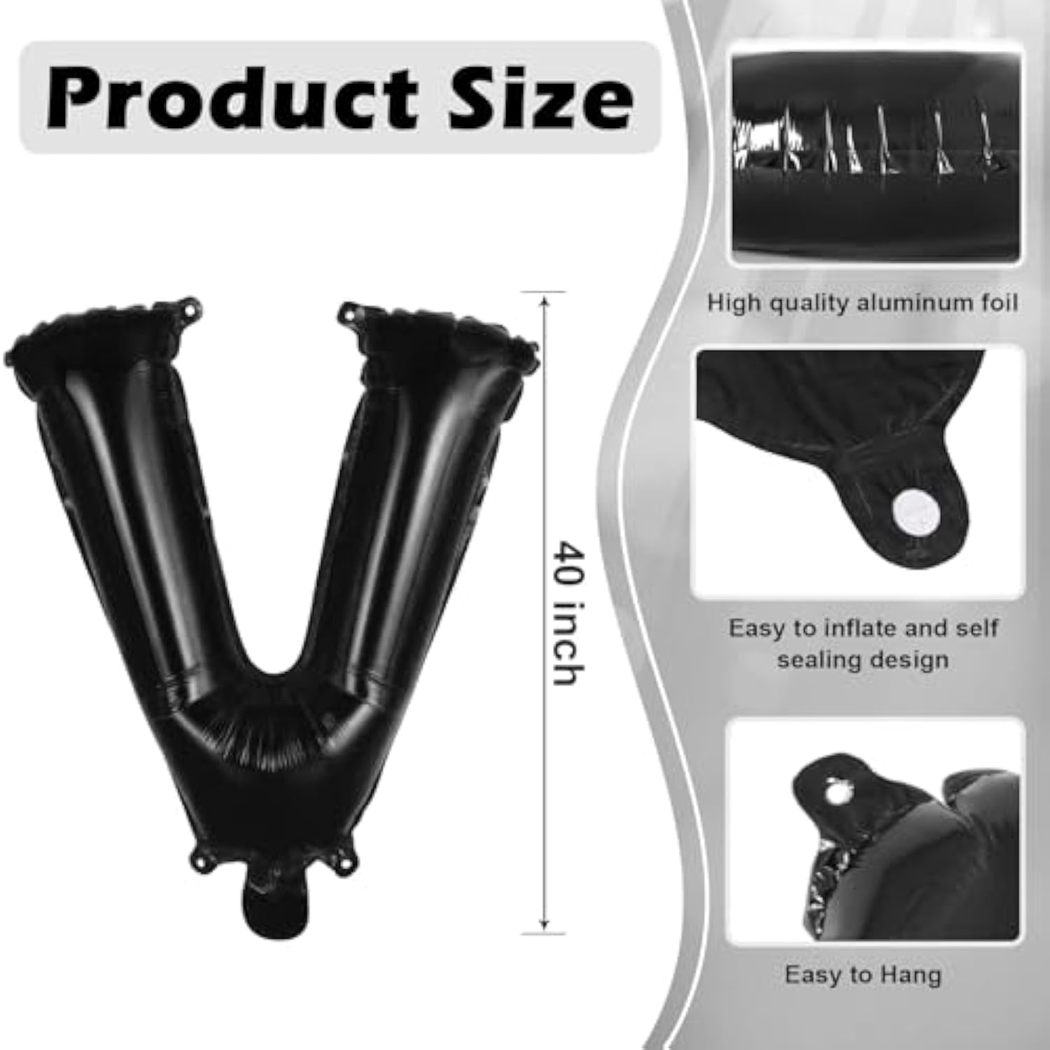 Black Letter V Balloons, 40 Inch Large Foil Letter Balloons, Custom Phrase Balloon For Birthday Party Wedding Anniversary Decoration (Black V)