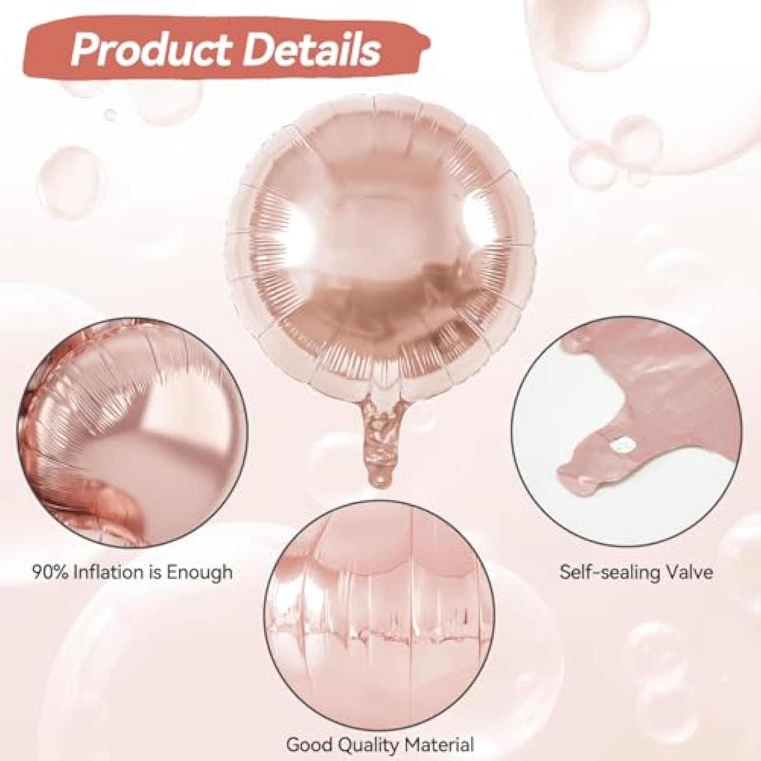 20Pcs 18 Inch Round Foil Balloon, Rose Gold Round Shaped Balloons, Round Shape Foil Aluminum Balloons For Birthday Party Wedding Bridal Shower Celebration Engagement Anniversary Baby Shower Decoration