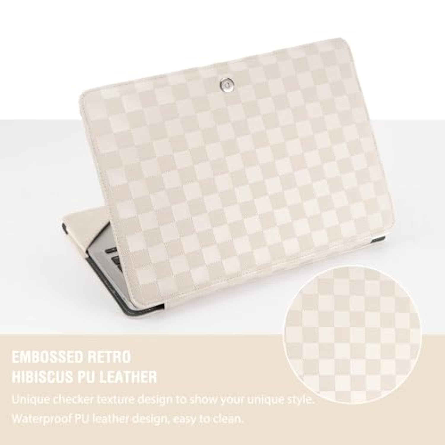 MOSISO Case Compatible with MacBook Air 13 inch M4 A3240 M3 A3113 M2 A2681 M1 A2337 A2179 A1932 2025-2018/Pro 13 M2 M1 2024-2016,Checker Texture Grid PU Leather Portfolio Protective Stand Cover,Beige