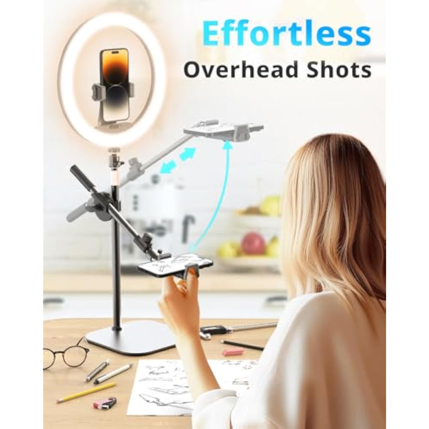 12" Desk Ring Light With Stand And Phone Holder, Overhead Phone Mount For Video Recording, Zoom Meeting, Live Streaming, Tiktok, Youtube?Compatible With Iphone, Android, Cameras