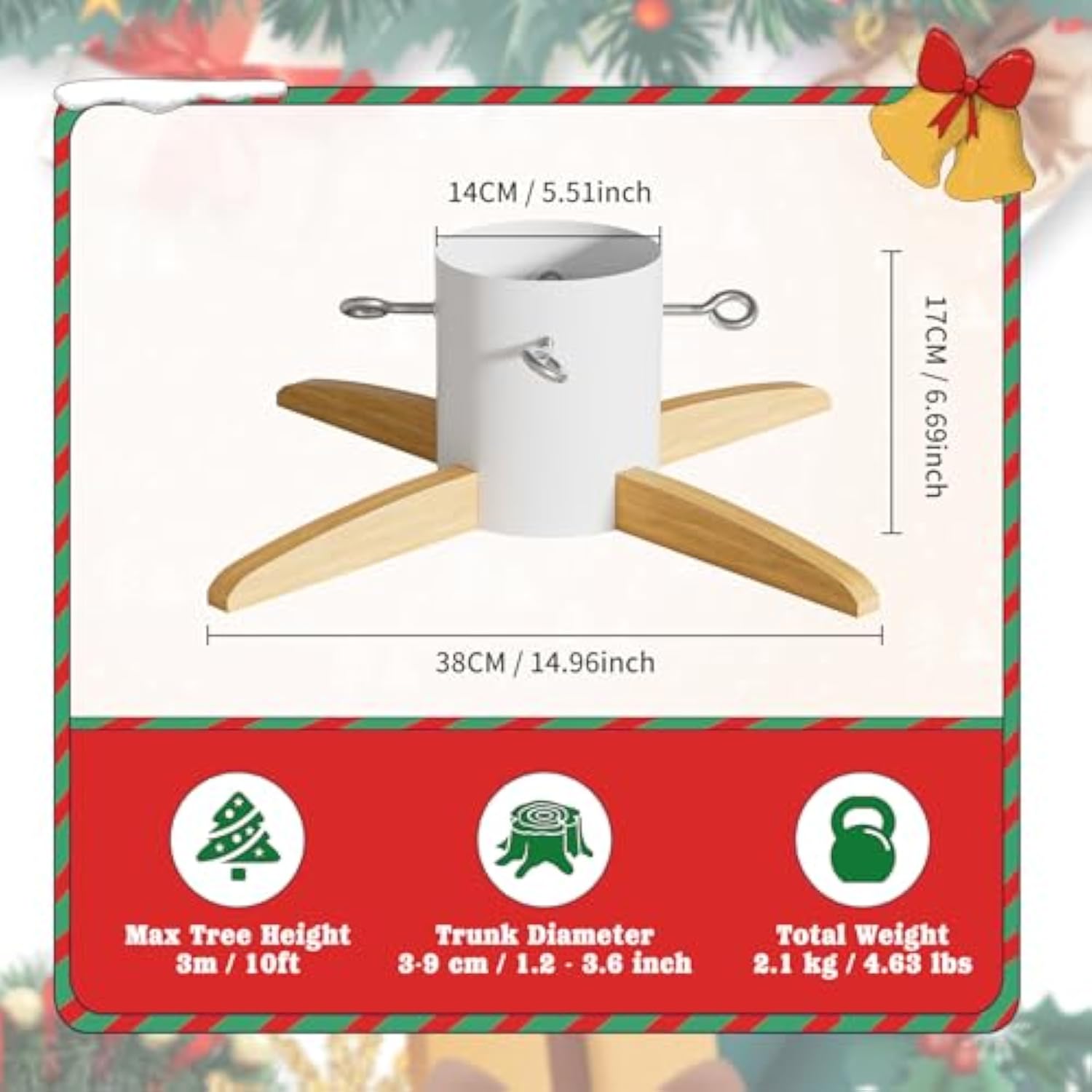 Christmas Tree Base Stand - Made Of Metal And Solid Wood, Suitable For 5-10 Ft Christmas Trees - White