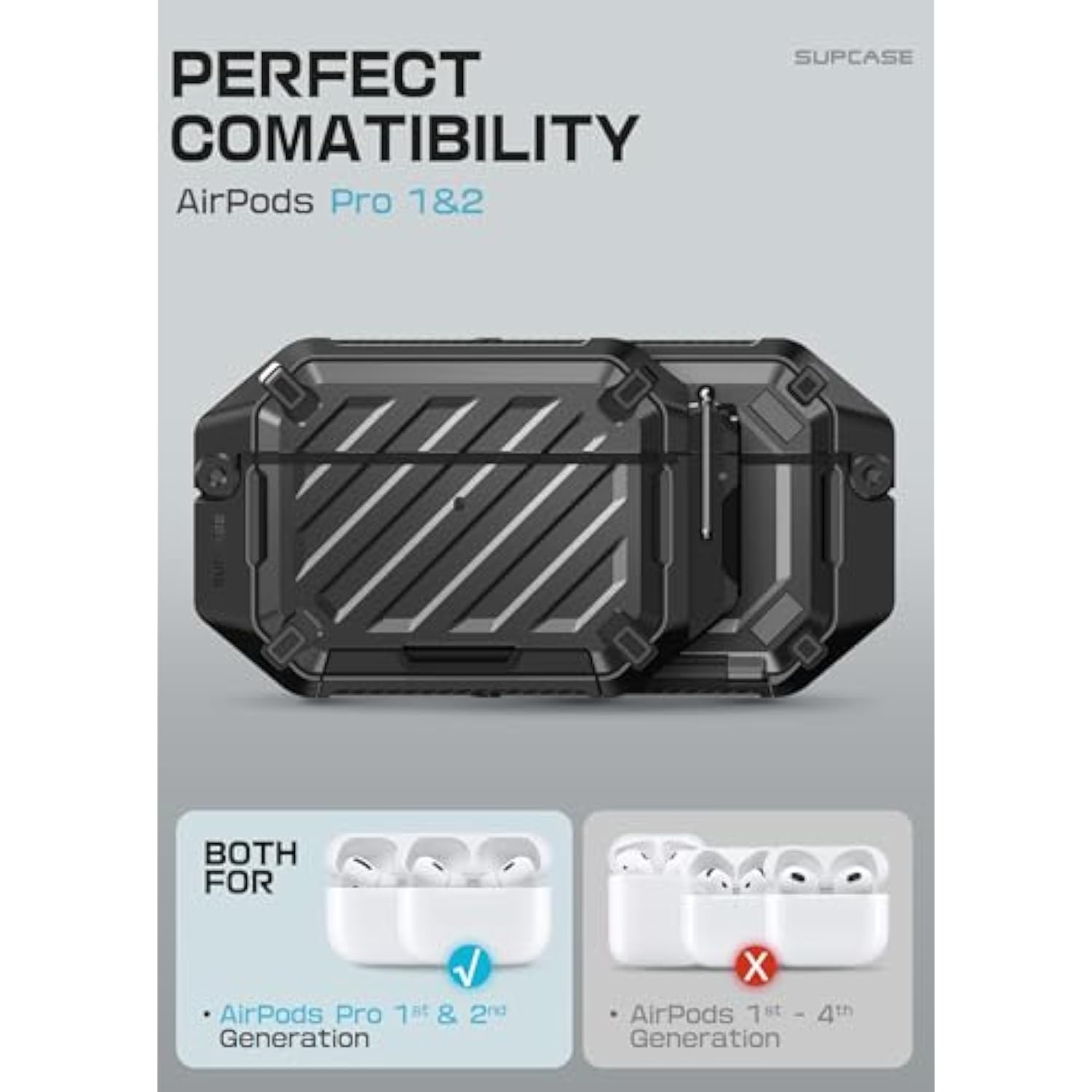 SUPCASE for AirPods Pro 2nd/1st Gen Case with Lock & Carabiner (Unicorn Beetle Pro), [IP68 Waterproof] [Military-Grade Protection] [Supports Wireless Charging] Anti-Scratch Hard Shell Cover, Black