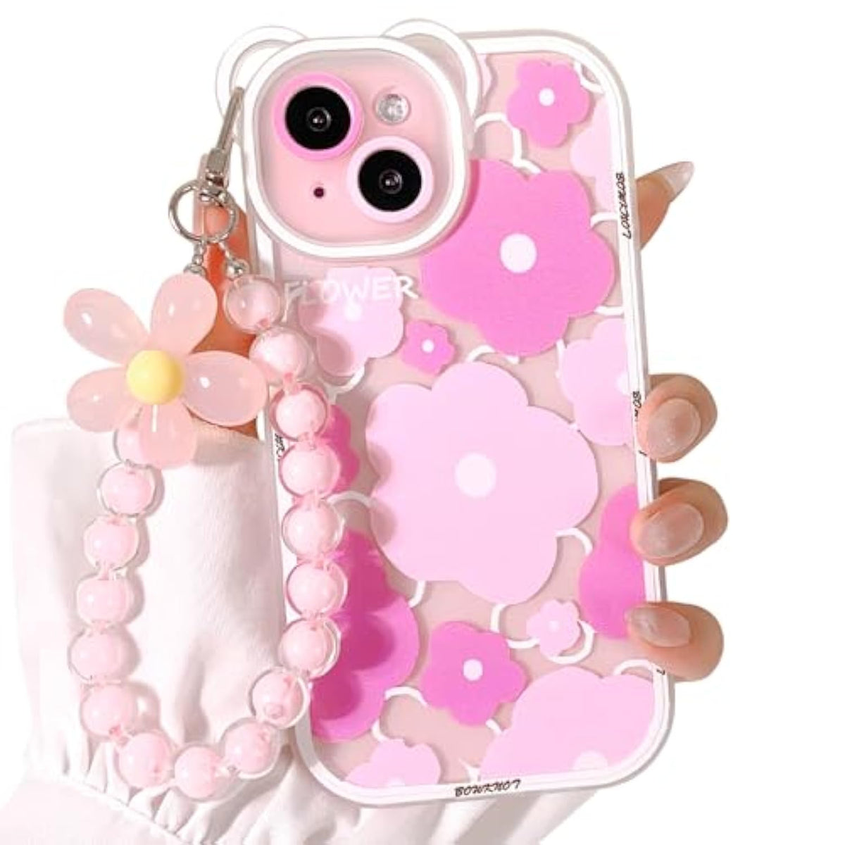 Compatible For Iphone 15 Case Clear Cute Flower Floral Bear For Girls Women Pattern With Chain Lanyard Wrist Strap Soft Tpu Shockproof Protective Girly For Iphone 15-Bear Pink