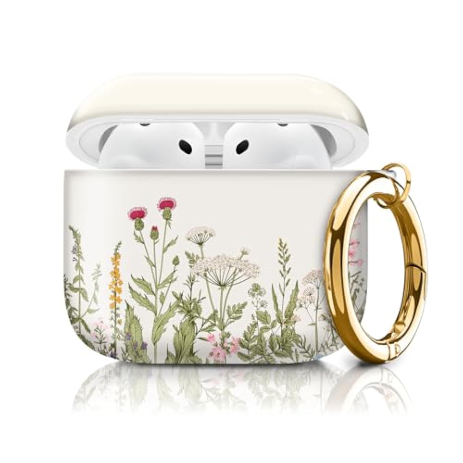 Cute Beige Flower AirPods 4th Generation Case Cover with Golden Round Buckle - Shockproof Protective Design for Women and Girls