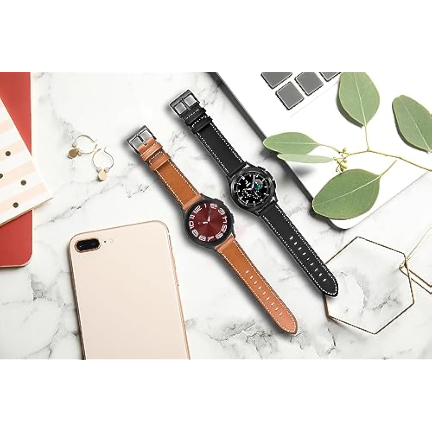 Galaxy Watch 5 Pro Bands 45Mm, Galaxy Watch 7/6/4 Classic Band 46Mm 43Mm 42Mm, Samsung Galaxy Watch 6/5/4/Acitve 2 Bands 44Mm 40Mm, 20Mm Leather Wristband Replacement Strap Men, Black+Brown