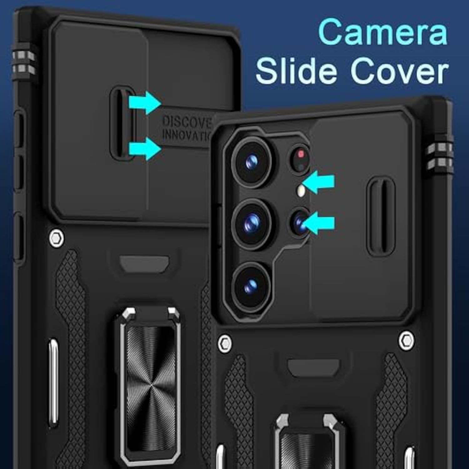 Case For Samsung Galaxy S24 Ultra With Slide Camera Cover+Screen Protector (1 Pack), Rotated Ring Kickstand Grade Shockproof Protective Cover-Black