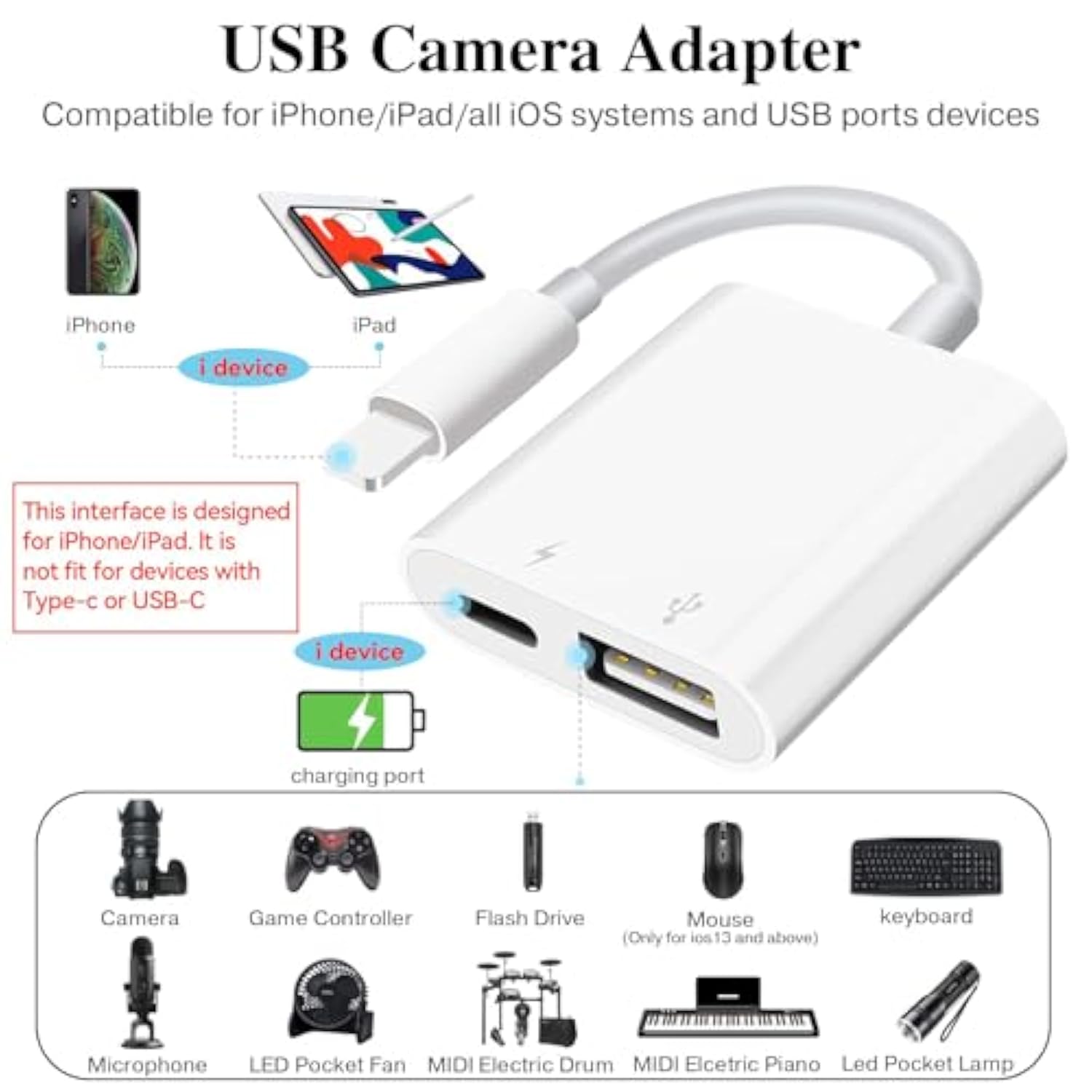 Usb Camera Adapter With Charging Port, Portable Usb Female Otg Adapter Suitable For Iphone Ipad, Plug And Play Usb Adapter For Ipad Support Card Reader