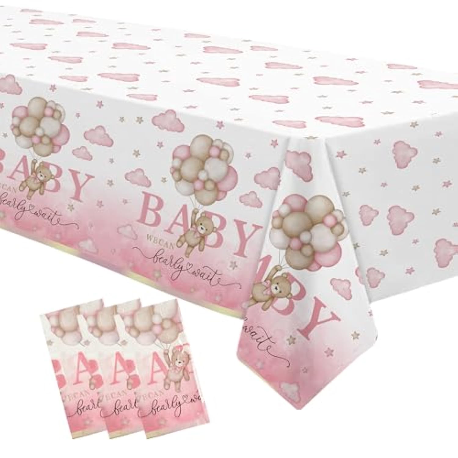 Pink Bear Baby Shower Tablecloth Decorations - Disposable Bear We Can Bearly Wait Baby Shower Decorations Table Cover Party Supplies For Girl- 3 Pack (54In X 108In)