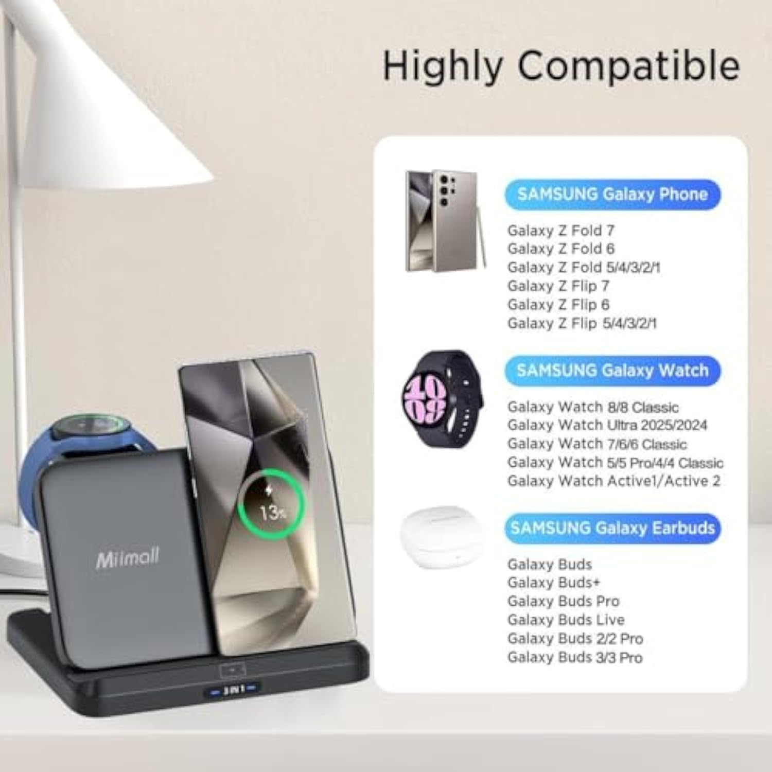 Miimall Foldable 3 In 1 Wireless Charger Fast Charging For Samsung Galaxy Z Fold & Flip 6/5/4/3/2,Galaxy S24+/S23+/S22, Portable Wireless Charging Station For Samsung Phone/Watch/Buds/Iphone Series