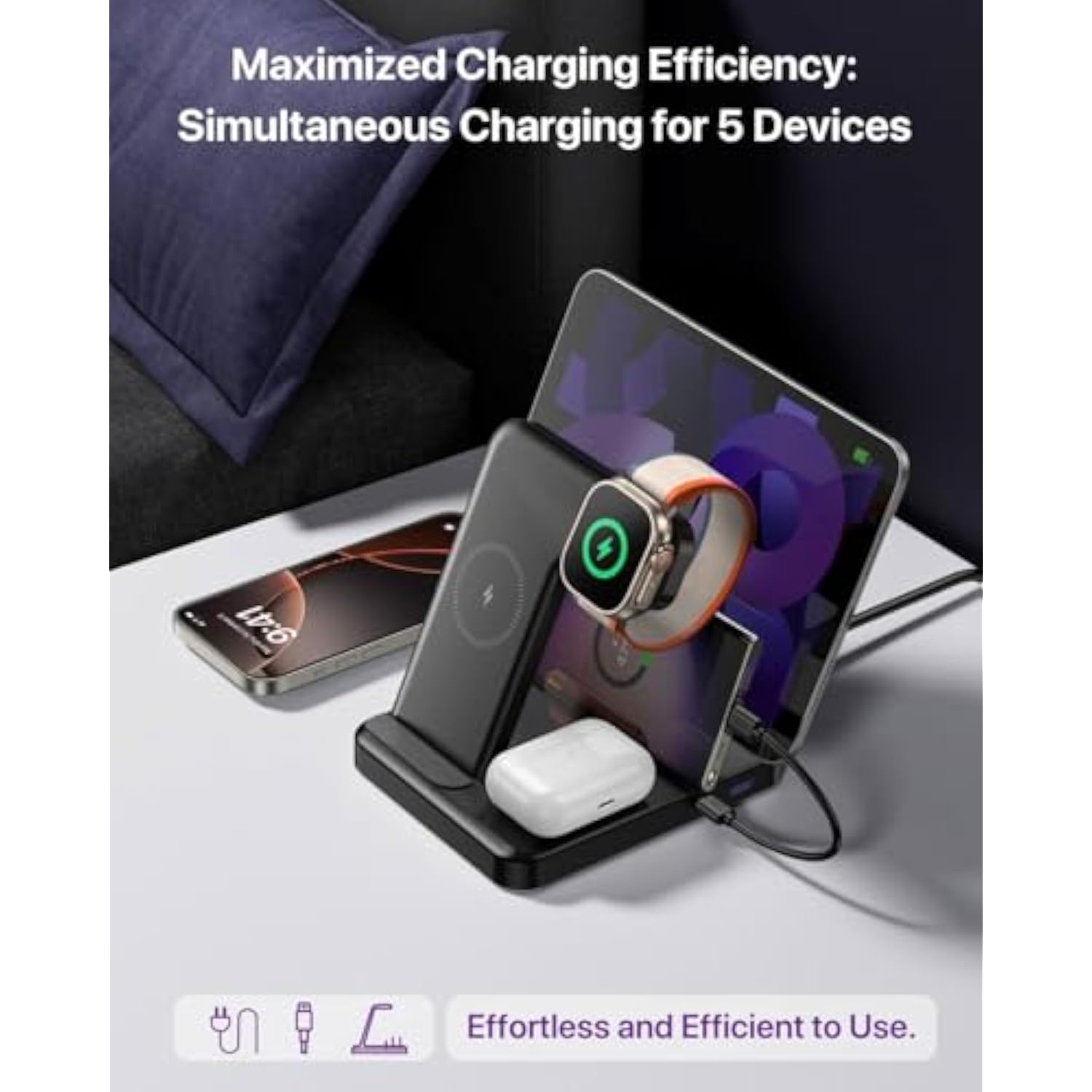 Multiple Devices Charging Station, 5-In-1 Charging Station For Iphone 16E/16 Pro Max/Pro/Plus/15/14/13/12, Ipad Pro/Air/Mini, Apple Watch And Airpods,Wireless Charging Dock(G805) (White)