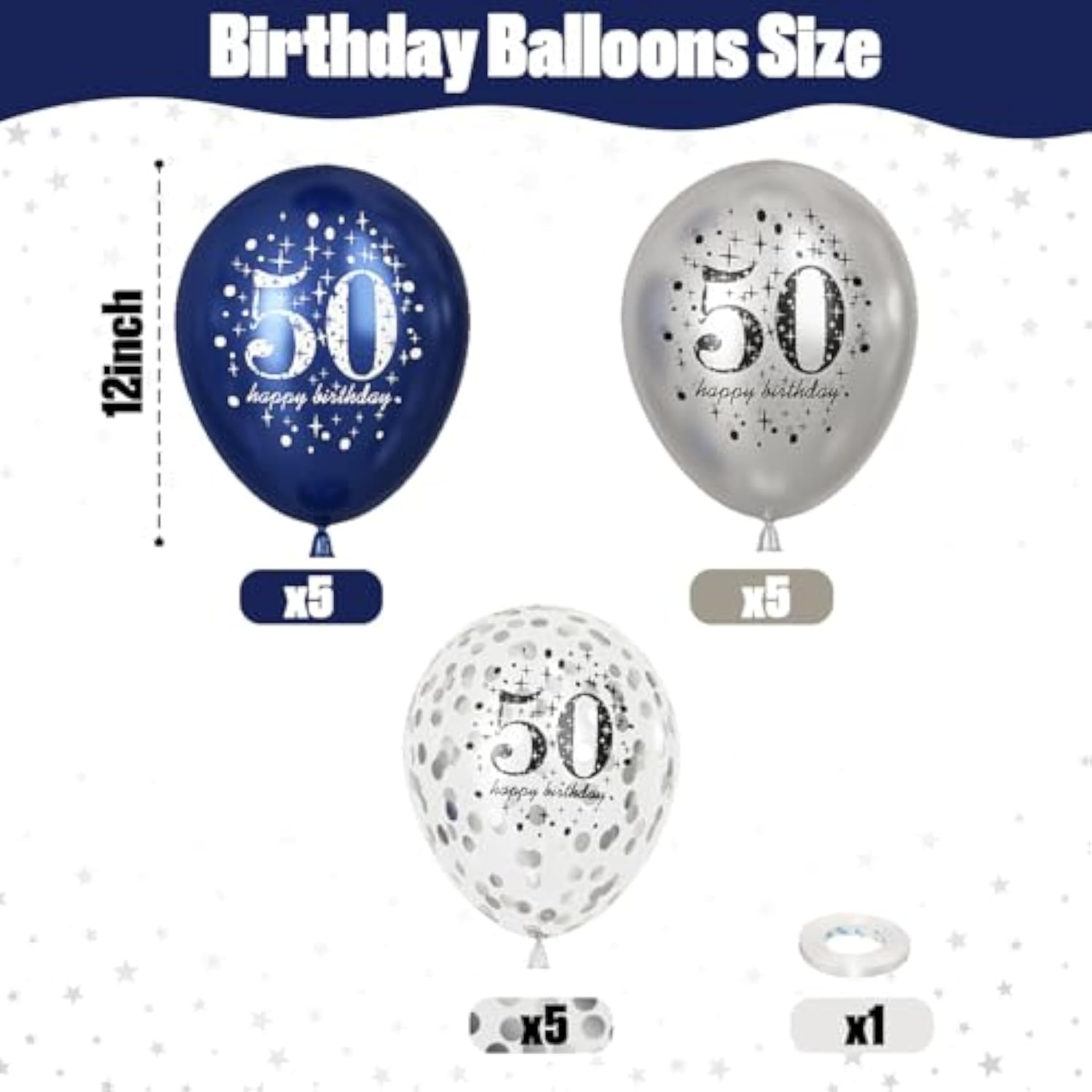 15-Pack Navy Blue and Silver 50th Birthday Balloons for Men