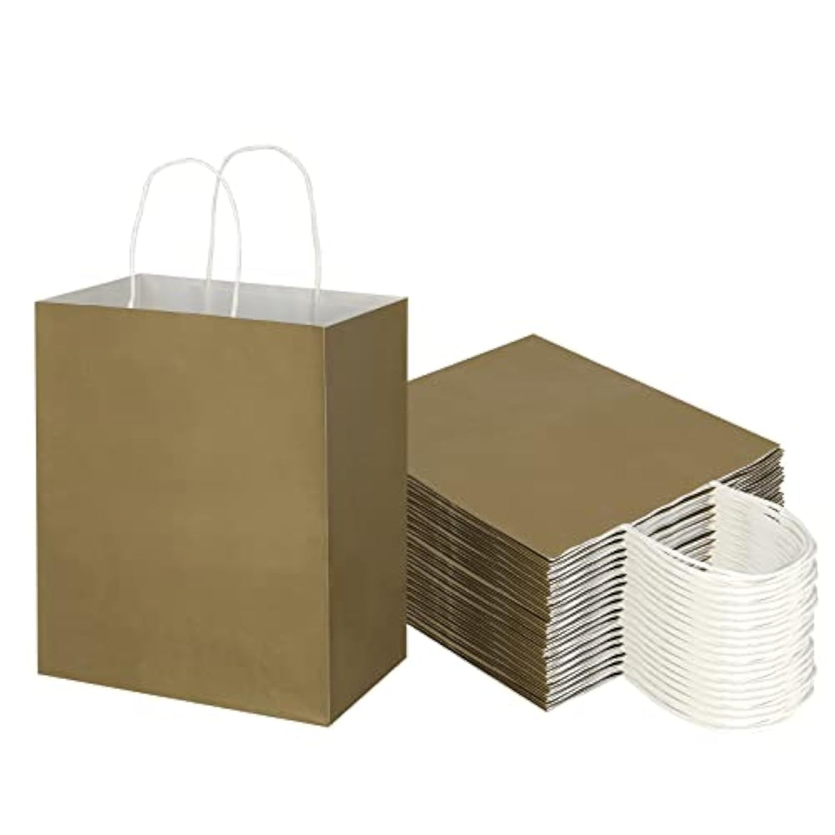 50 Pack 8X4.75X10 Inch Medium Gold Kraft Paper Bags With Handles Bulk, Gift Wrap Bags For Favors Grocery Retail Party Birthday Shopping Business Goody Craft Merchandise Take Out Sacks