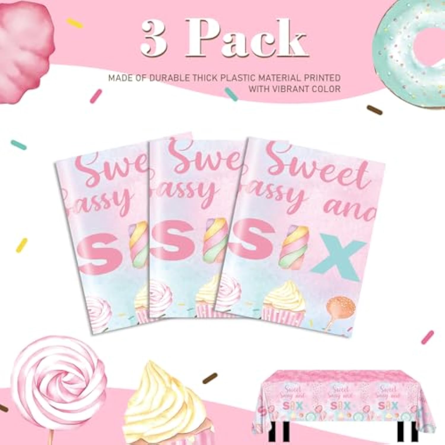 Donut 6Th Birthday Tablecloth, 3-Pack 108X54 Inch Plastic Table Covers With Sweet Sassy And Six Design, Perfect For Birthday Parties And Celebrations