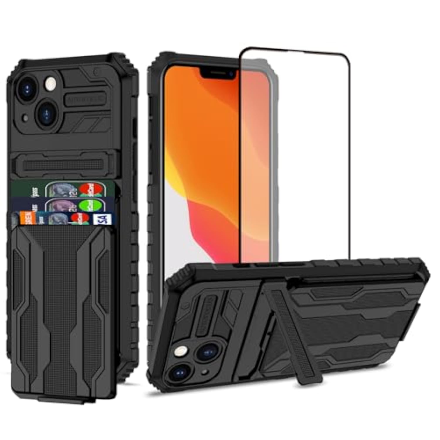 Premium iPhone 13 Wallet Case with Card Holder, Black - Protective Phone Case with Tempered Glass Screen Protector
