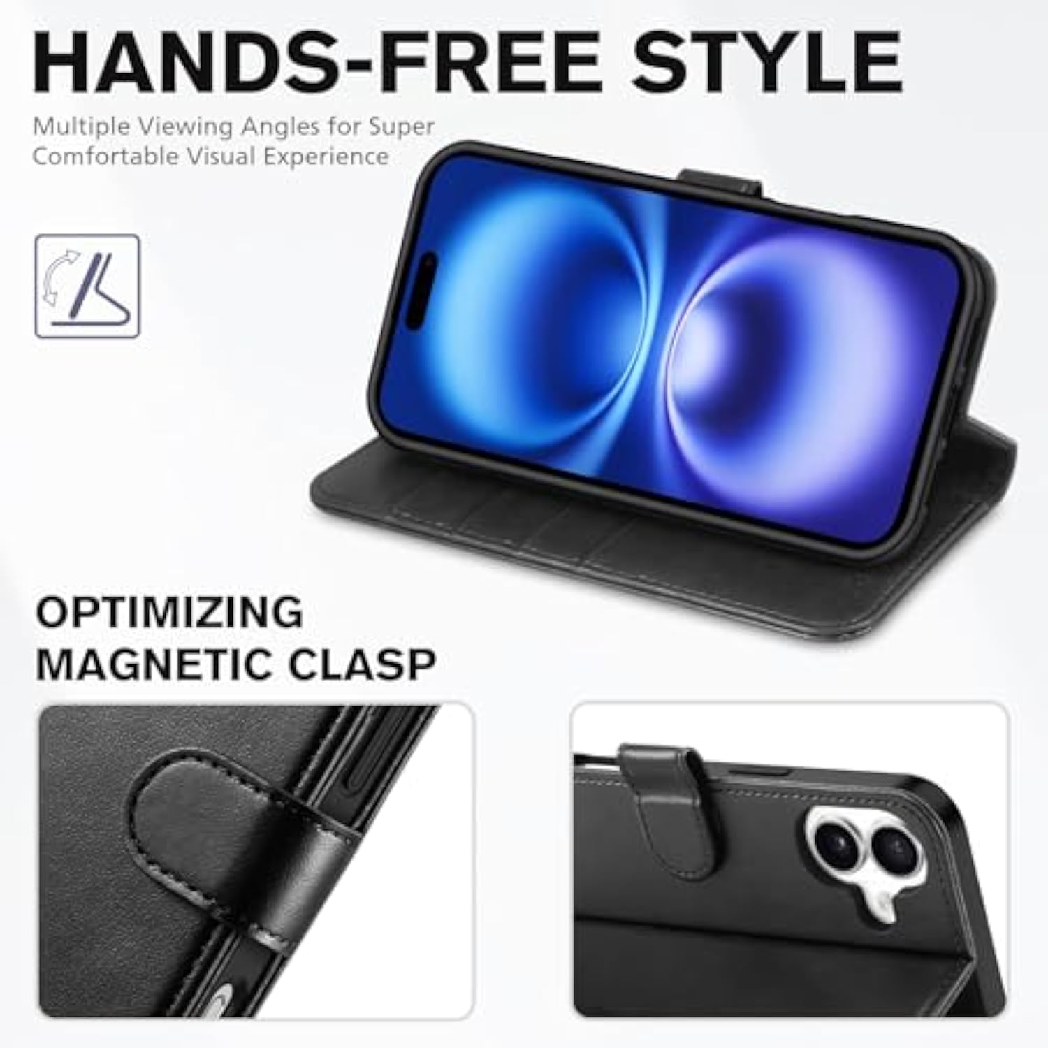 TUCCH Case Wallet for iPhone 16 Plus, RFID Blocking 4 Card Holder Kickstand [Shockproof TPU Interior Shell], PU Leather Magnetic Protective Flip Cover 6.7" 2024, Black