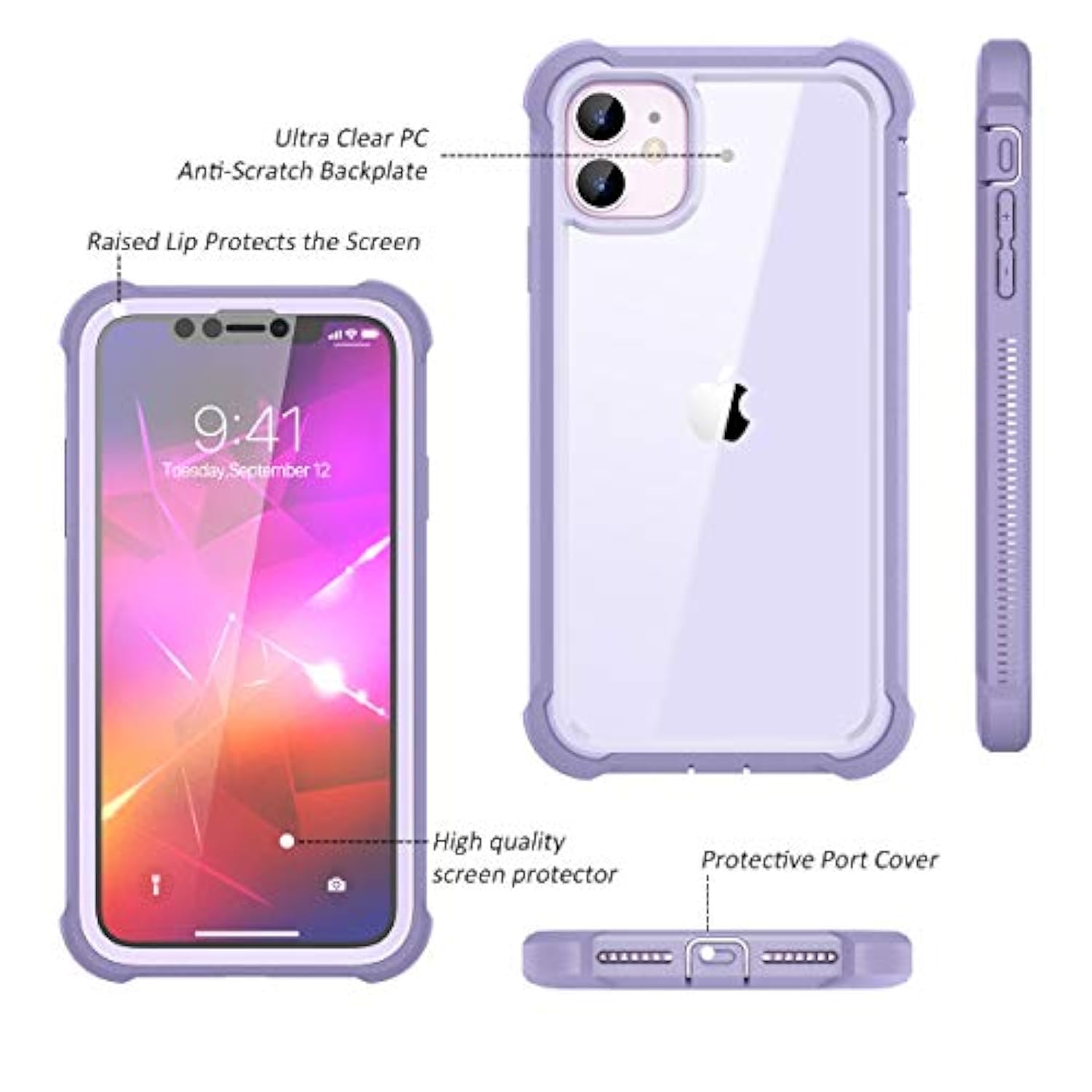 11 Case With Screen Protector Clear Rugged 360 Full Body Protective Shockproof Hard Back Defender Dual Layer Heavy Duty Bumper Cover Case For 11 6.1" - Purple