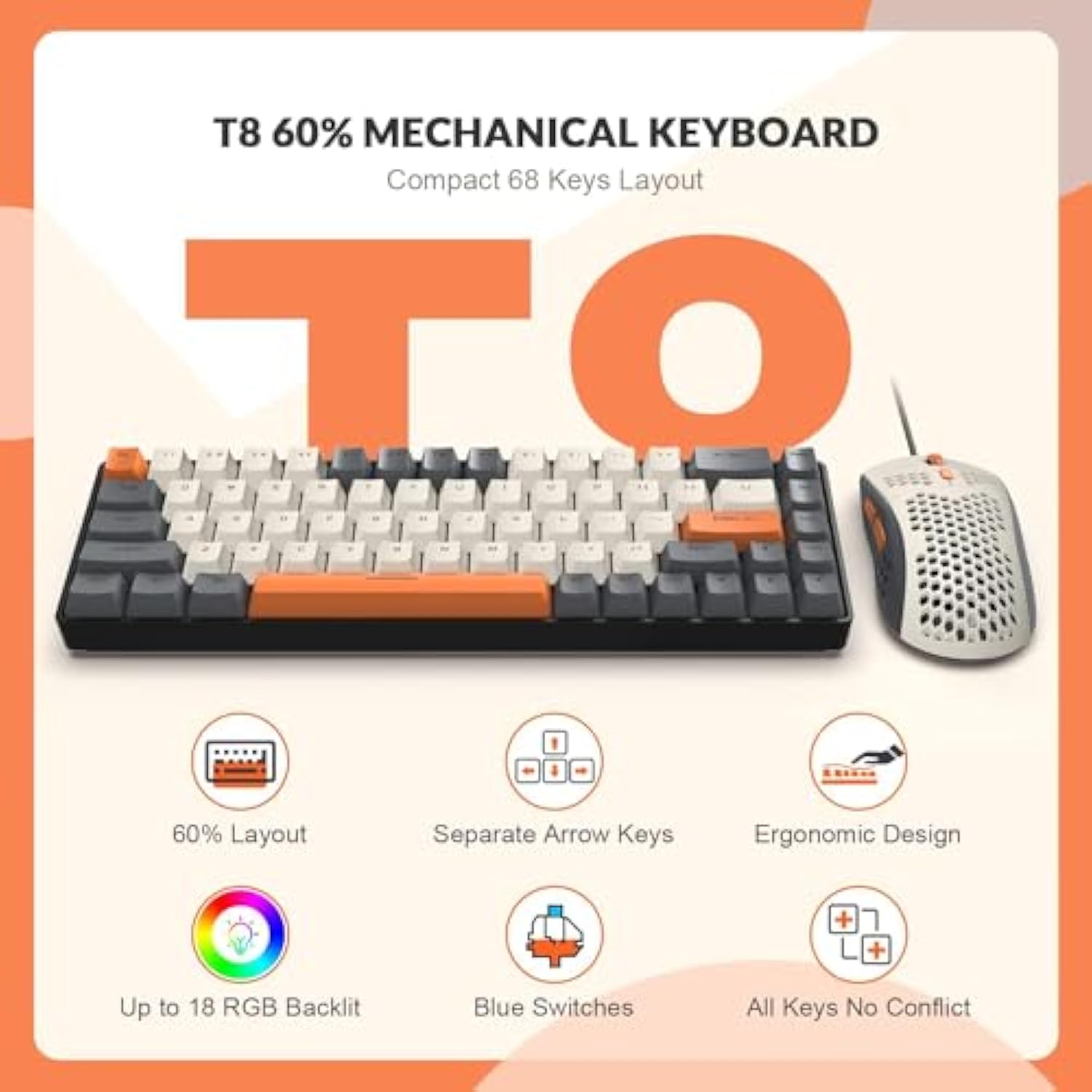 Rk-T8Pr0 Wired 65% Mechanical Gaming Keyboard And Mouse Combo With Rgb Backlit Anti-Ghosting Tkl Mini 68 Key Coiled C To A Cable Tactile Blue Switch For Ps4 Ps5 Xbox Pc Mac Gamer(Dark Gray)