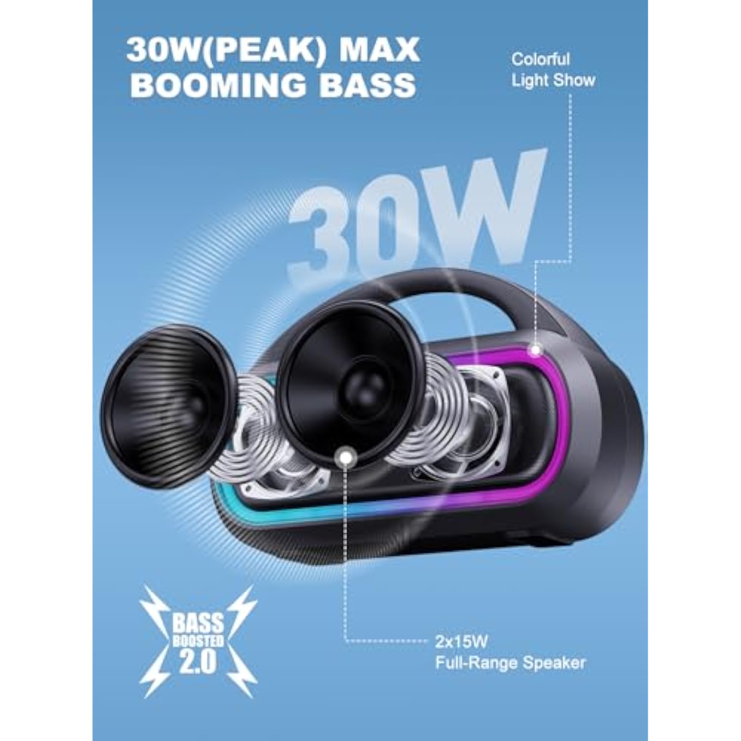 Portable Bluetooth Speaker, 30W Peak, 12H Playtime, Ipx5 Waterproof With Light, Tws Pairing, Wireless Speaker For Home/Party/Outdoor/Beach, Birthday Gift (Black)