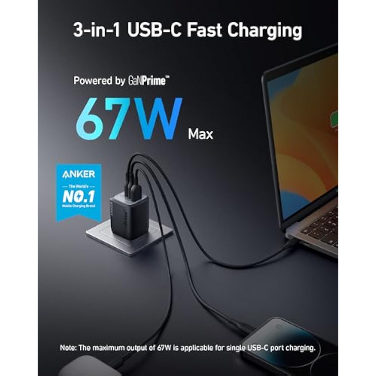 Anker Prime 67W USB C Charger, Anker GaN 3-Port Compact Fast PPS Wall Charger, for MacBook Pro/Air, Pixelbook, iPad Pro, iPhone 16/15/Pro, Galaxy S25/S24, Note20, Pixel, Apple Watch