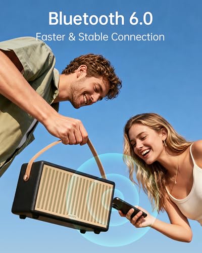 Retro Outdoor Bluetooth 6.0 Speaker, 56H Playtime Portable Wireless with Deep Bass, IPX6 Waterproof, USB-C Fast Charge, AUX Input, Loud Vintage