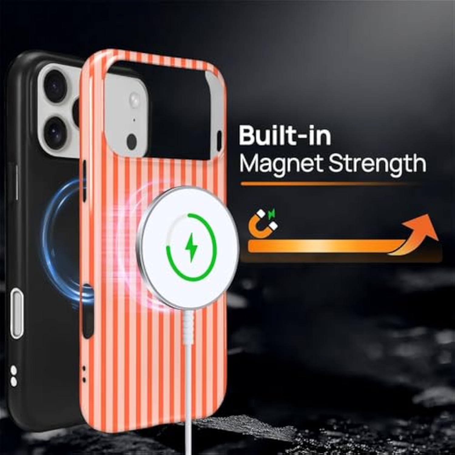 Magnetic Dual Layer Protective Case for iPhone 17 Pro Max, Compatible with Magsafe, Heavy Duty Shockproof Rugged Drop Protection Bumper Hybrid Case with Aesthetic Striped Orange Design