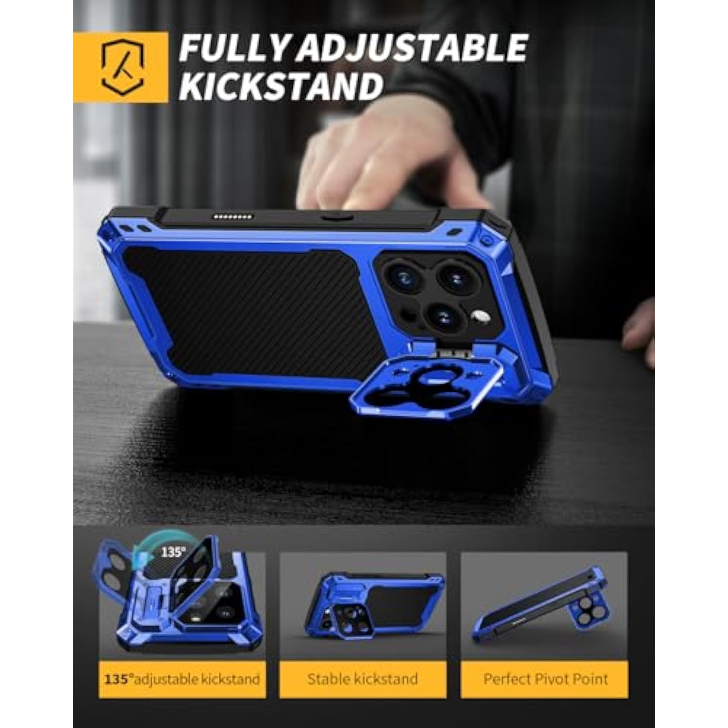 For Iphone 16 Pro Max Metal Case With Camera Cover & Stand [Compatible With Magsafe] [Built-In Kickstand] [Military-Grade Protection] Heavy Duty Rugged Magnetic Phone Case, (Blue)