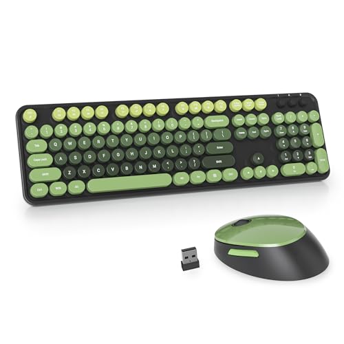 Keyboard And Mouse Wireless, Cute Retro Full-Size Cordless Keyboard With Number Pad 2.4 Ghz Wireless Usb Receiver For Computer (Dark Green)