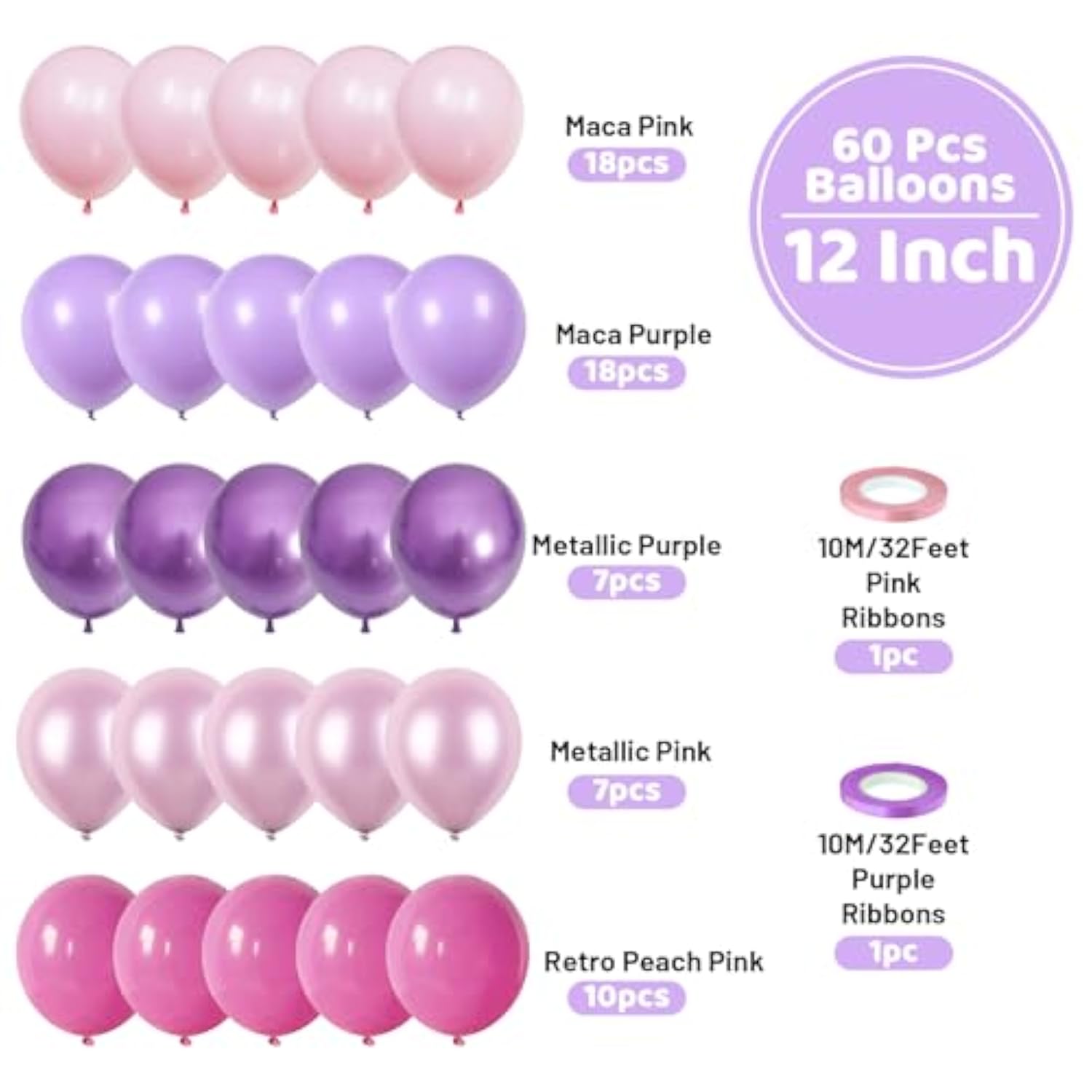 Pink Purple Balloons Set, 60Pcs Purple And Pink Party Balloon, 12Inch Pastel Metallic Purple Pink Latex Balloons Birthday Balloons For Girls Princess Butterfly Wedding Baby Shower Decorations