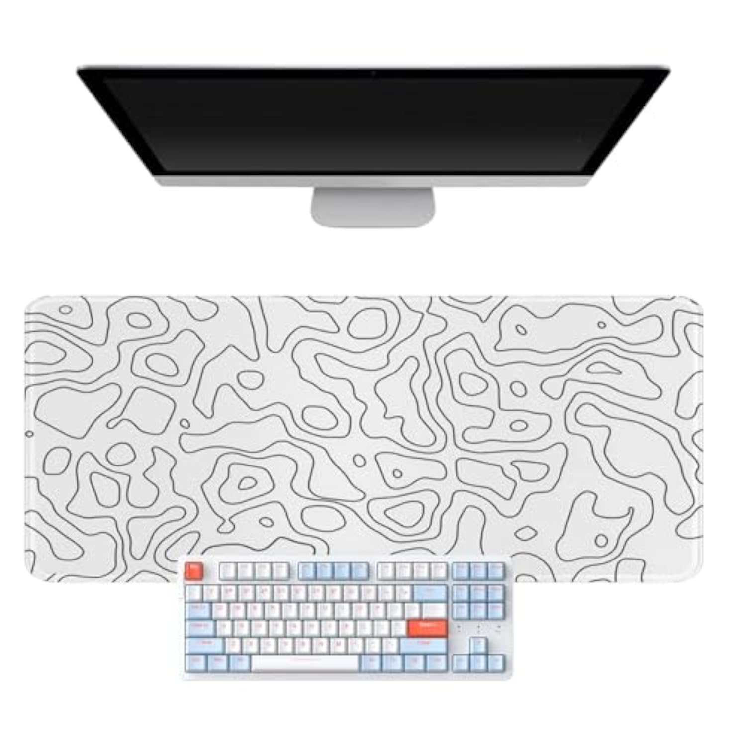 White Topographic Mouse Pad,Xxl 15.7X35.4 Inch Large Gaming Mouse Mat,Non-Slip Base Desk Mat,Extended Game Mousepad Keyboard Pad Long Desk Pad For Computer,Keyboard,Home,Office