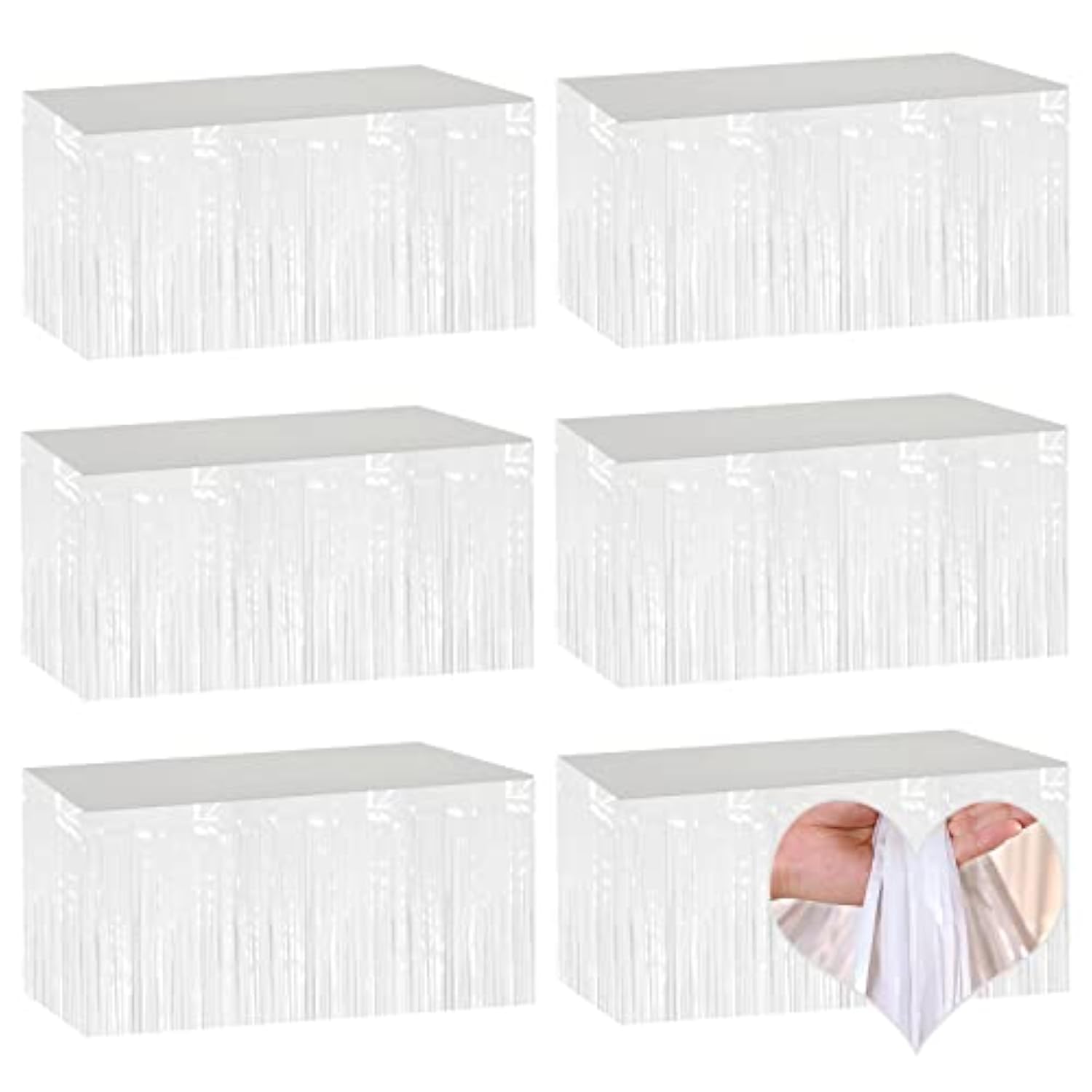 6 Pack 29X108 Inch White Metallic Foil Fringe Table Skirts Banner For Tinsel Streamer Garland Curtains Backdrop For Parade Floats Wedding Baby Shower Birthday Christmas Halloween Party Decoration