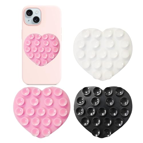Heart-Shaped Silicone Phone Sticky Grip - Adhesive Back Phone Holder for iPhone & Android, Selfie Mirror Mount with Strong Suction Cup, Hands-Free