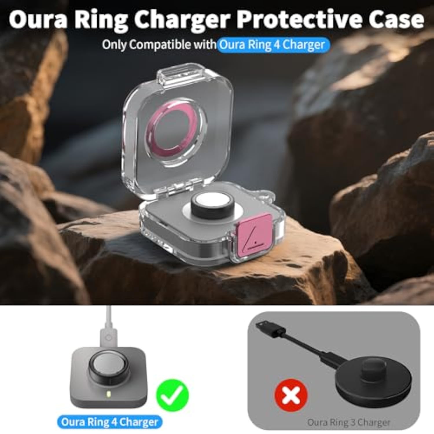 Secure Lock Plastic Case Cover Compatible with Oura Ring Gen 4 Charger, Portable Protective Case for Oura Ring Gen 4 Charger with Carabiner, Only Protective Case (Pink)