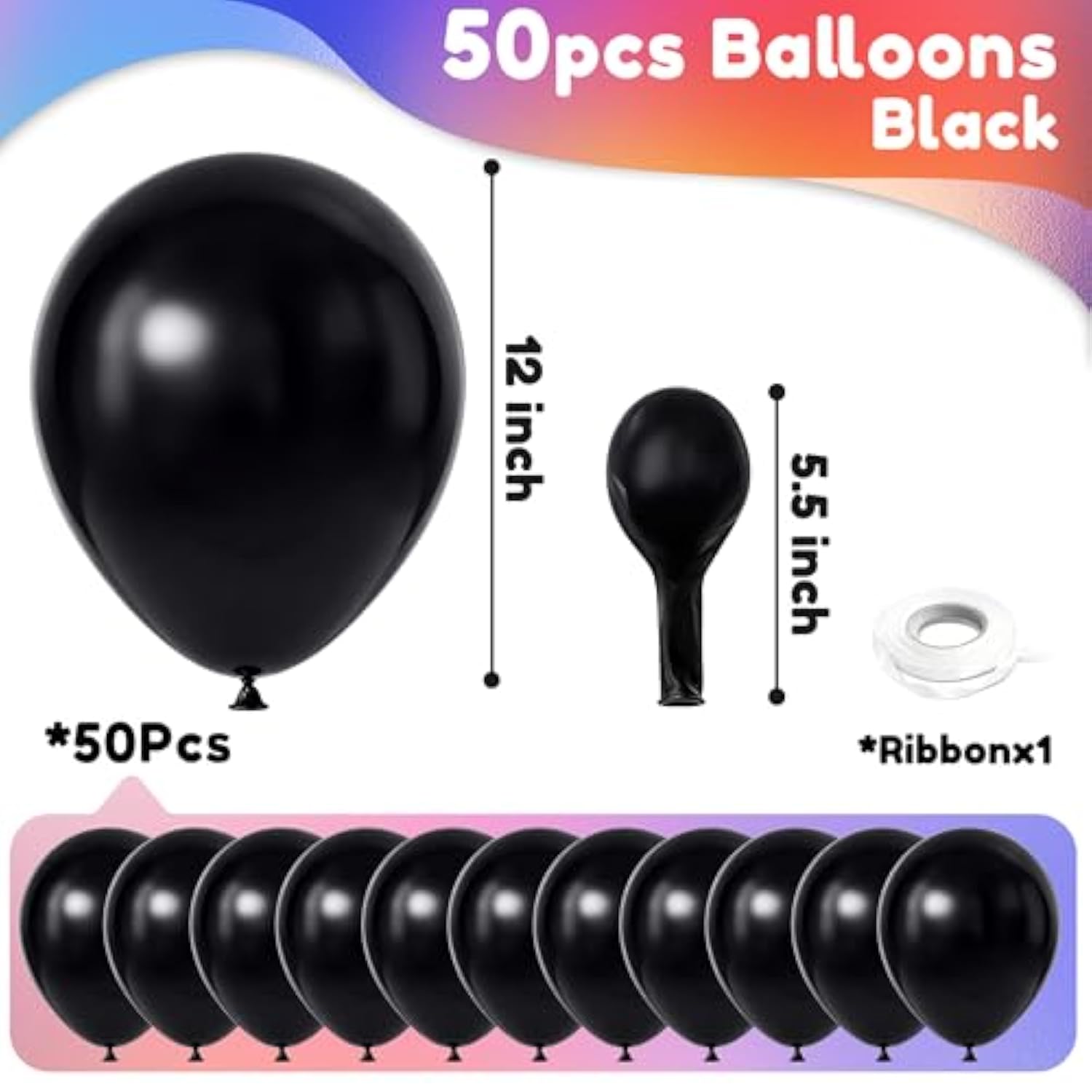 Black Balloons, 50 Pcs 12 Inch Latex Party Balloons, Matte Black Balloon For Birthday, Baby Shower, Anniversary, Graduation, Wedding Decorations - Black