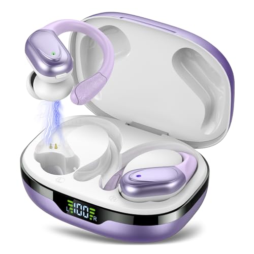 Ear Buds Wireless Earbuds Bluetooth 5.3 Headphones 60Hrs Playtime With Digital Display Sports Wireless Headphones With Earhook Deep Bass Ipx7 Waterproof Over-Ear Earbuds For Android Ios Workout Purple