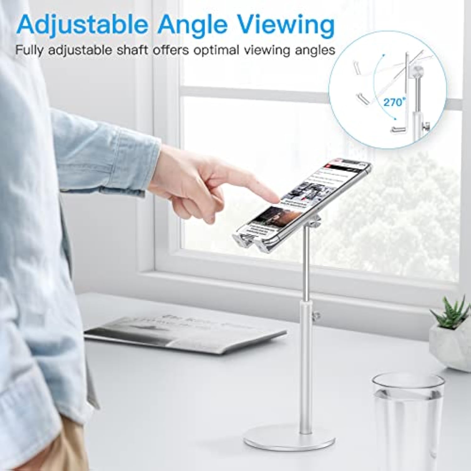 Cell Phone Stand, Omoton Angle Height Adjustable Aluminum Phone Holder For Desk, For 16 Pro Max Plus, Tablets(4-11''), Silver
