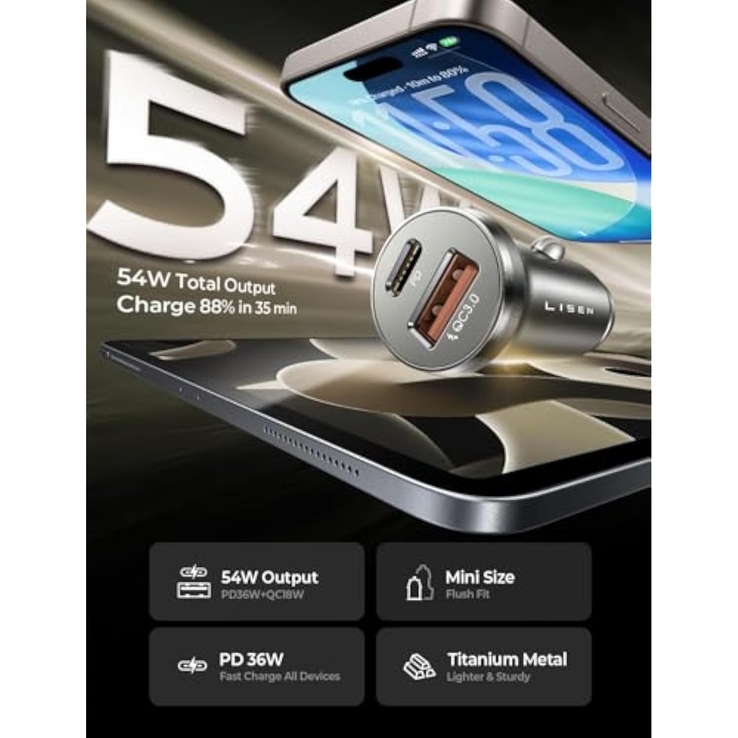 54W USB C Car Charger, Fast Dual Port All-Metal Adapter for iPhone & Samsung