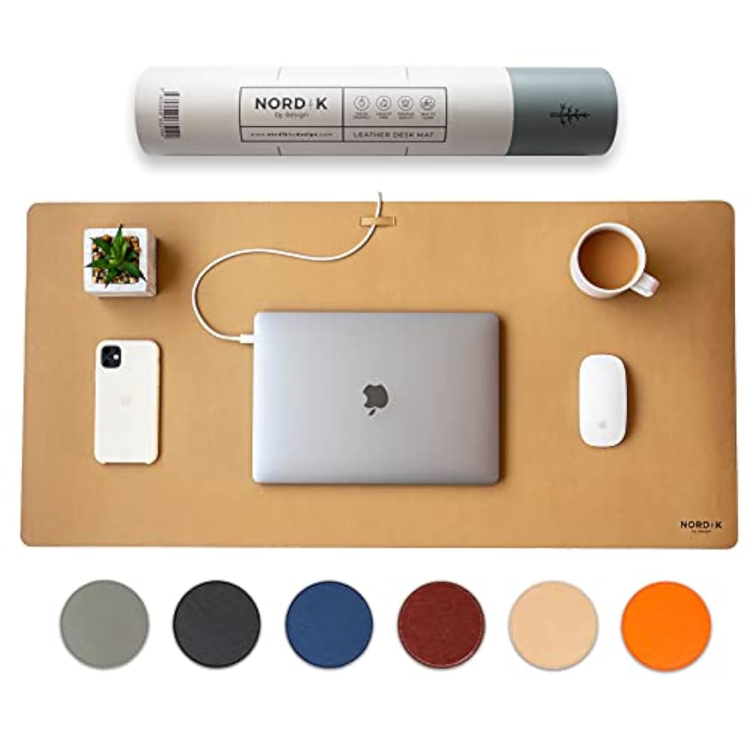 Nordik Leather Desk Mat Cable Organizer - Champagne Beige 35 X 17 Inch - Premium Extended Mouse Mat For Home Office Accessories - Non-Slip Vegan Leather Desk Pad Protector & Desk Blotter Pad