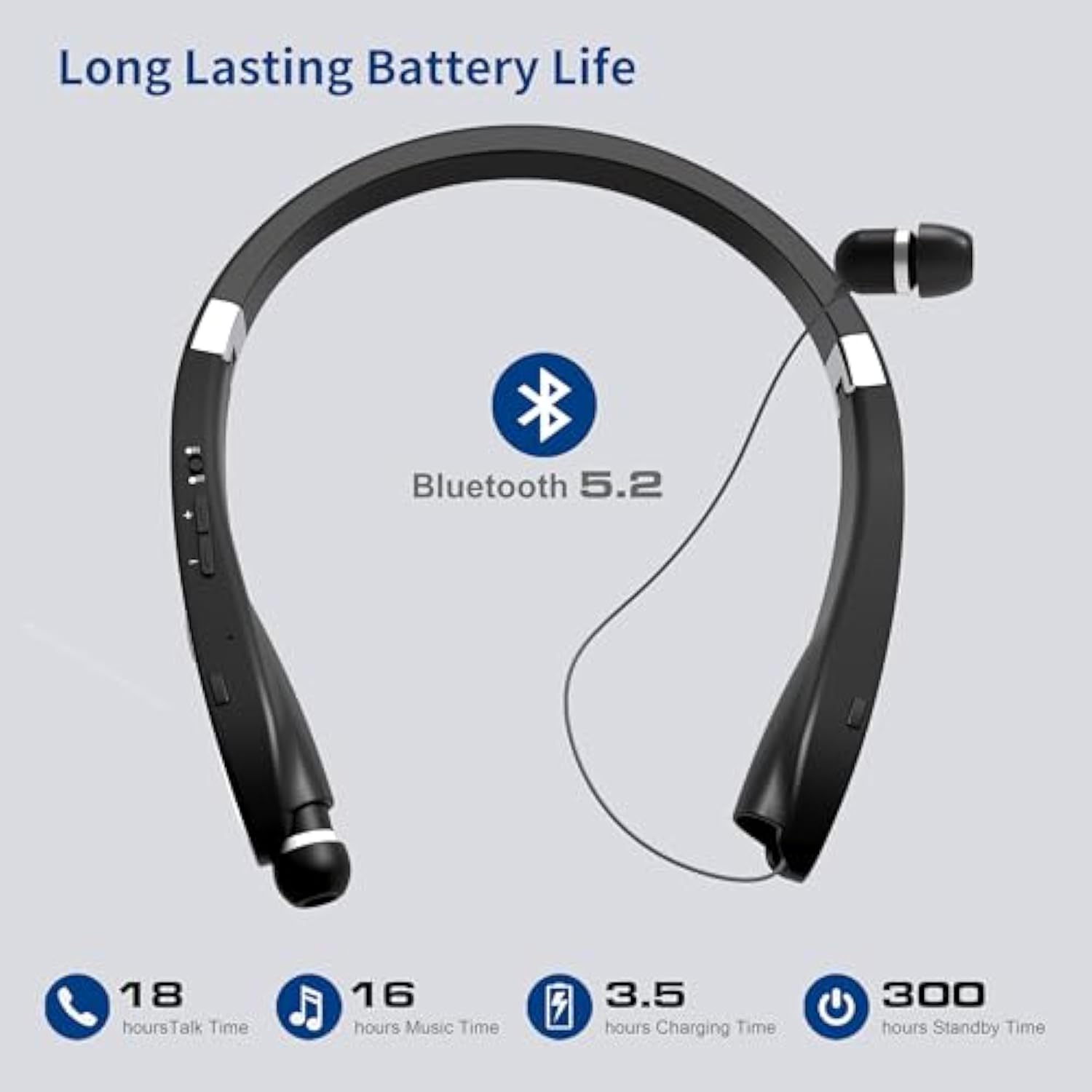 Bluetooth Neckband Headphones, Foldable Wireless Lightweight Neck Headset With Retractable Earbuds, Noise Cancelling Sweatproof Stereo Earphones With Mic & Carrying Case (Black)