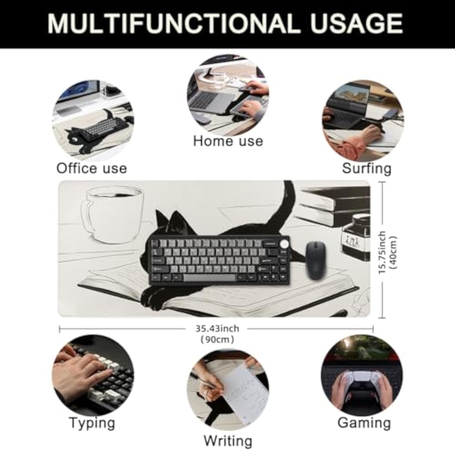 Keynovo Gaming Mouse Pad, Large Mouse Pad, Non-Slip 4Mm Laptop Gaming Desk Pad,Waterproof Desk Pad, Office And Home (Book Cat, 35.4"X15.7")
