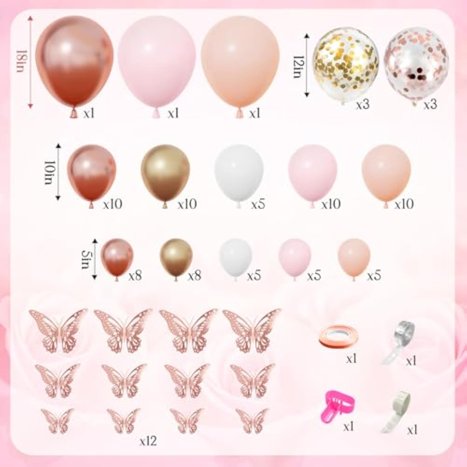 Rose Gold Baby Shower Balloon Arch Kit with Butterfly Décor & Letter Boxes, 135pcs