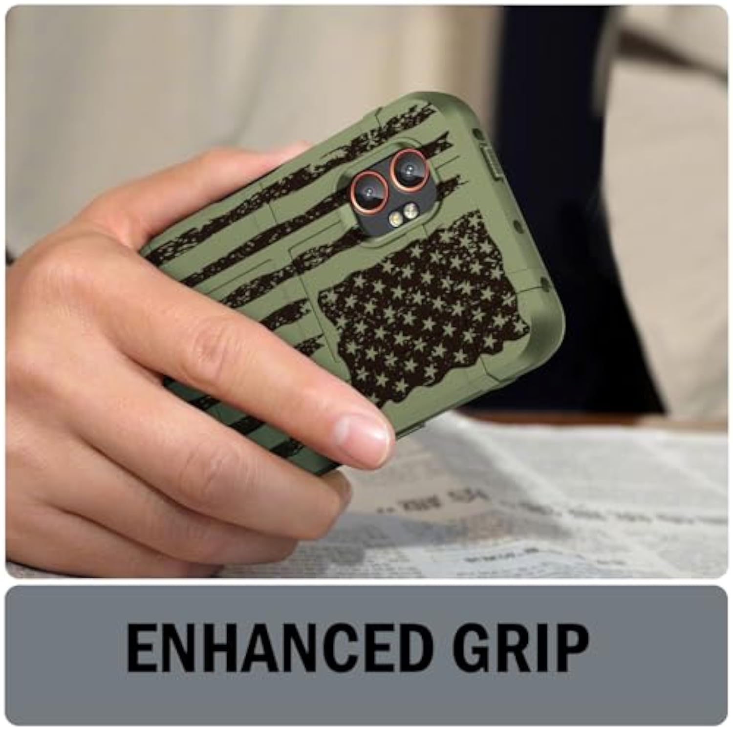 Nakedcellphone Case for Galaxy XCover 7 Pro, Rugged Shield Protective Cover for Samsung XCover7 Pro Phone (2025, SM-G766) - Army Green Rugged USA Flag