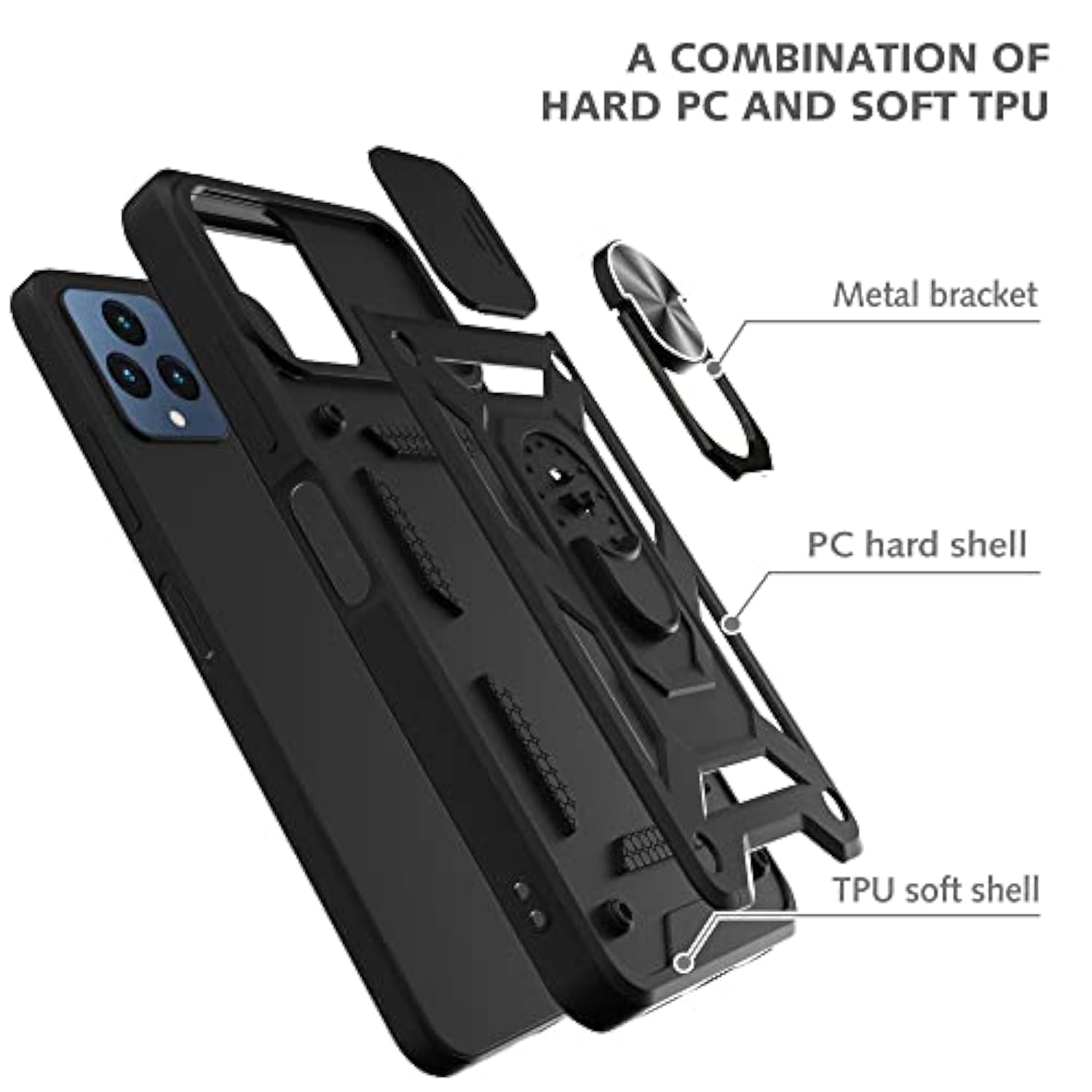 For Revvl 6 5G Case, Revvl 6X 5G Case With Slide Camera Cover And 2Pcs Hd Screen Protector, 360° Rotation Ring Kickstand [Military Grade] Protective Case (Black)