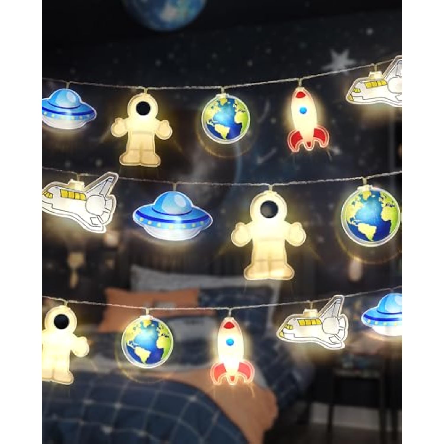Space String Lights 20 Led 9.84Ft Astronaut Decor For Kids Bedroom Wall Christmas Classroom Party Decorations Rocket Ufo
